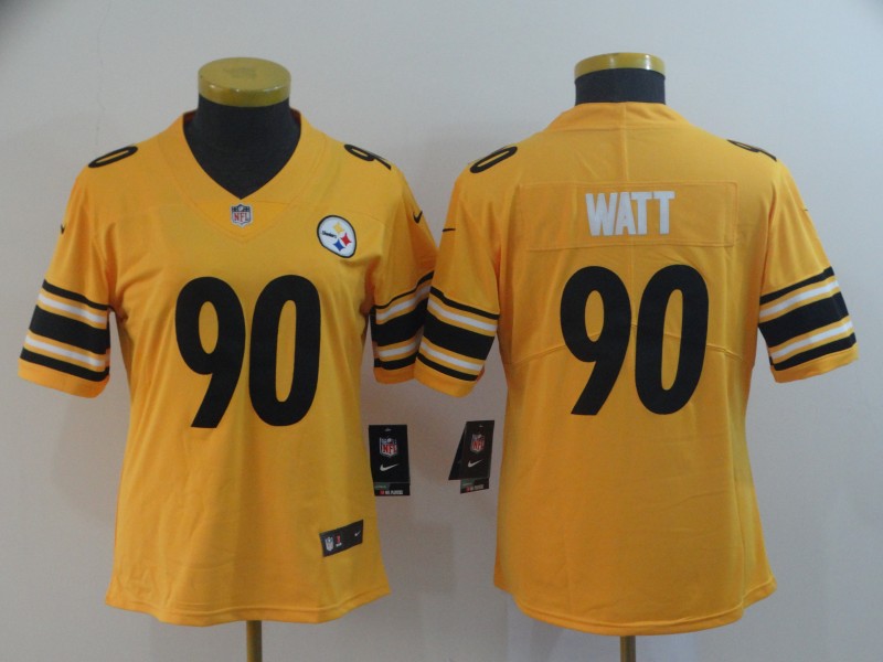 Women's Pittsburgh Steelers #90 T. J. Watt Gold Inverted Legend Stitched NFL Jersey(Run Small)